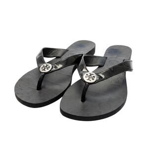 Tory Burch Emmy Black Patent Leather Thong Sandal Flip Flop Silver Logo Size 7⁠